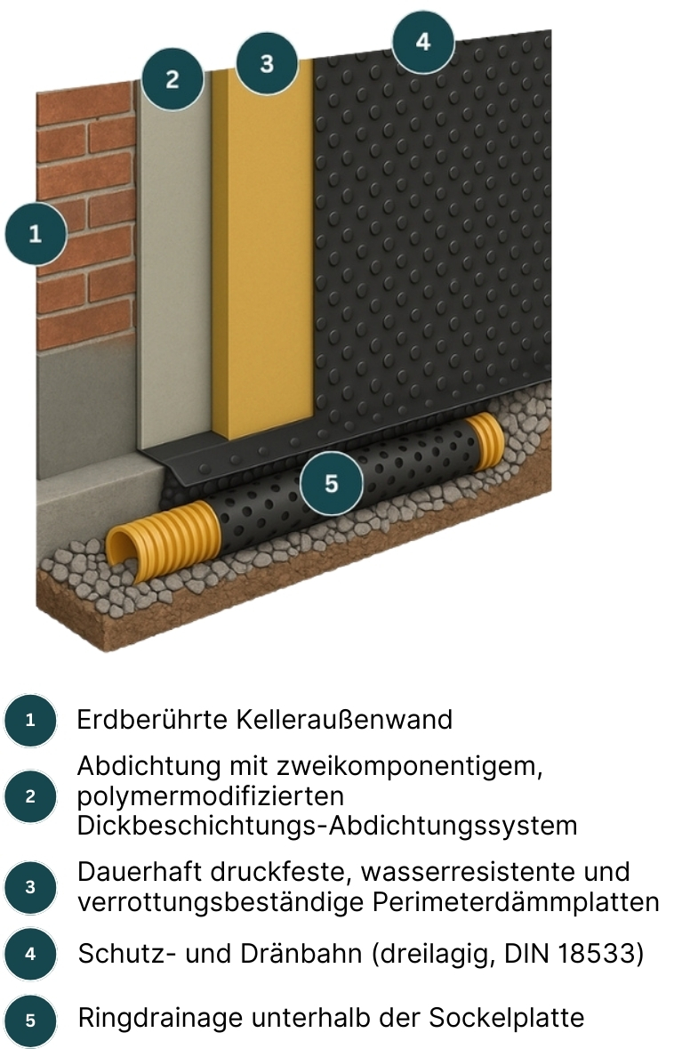 Professioneller Aufbau Kellerabdichtung mit Isolation und Ringdrainage